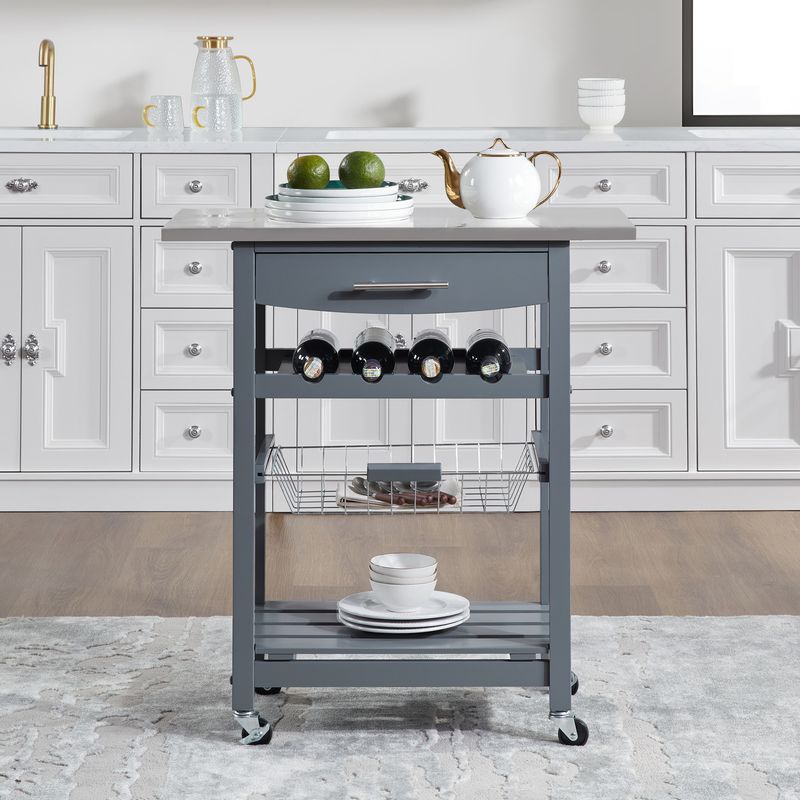 Mobile Rolling Kitchen Island Trolley Serving Cart With Underneath Drawer & Slide-Out Wire Storage Basket_voghion.com