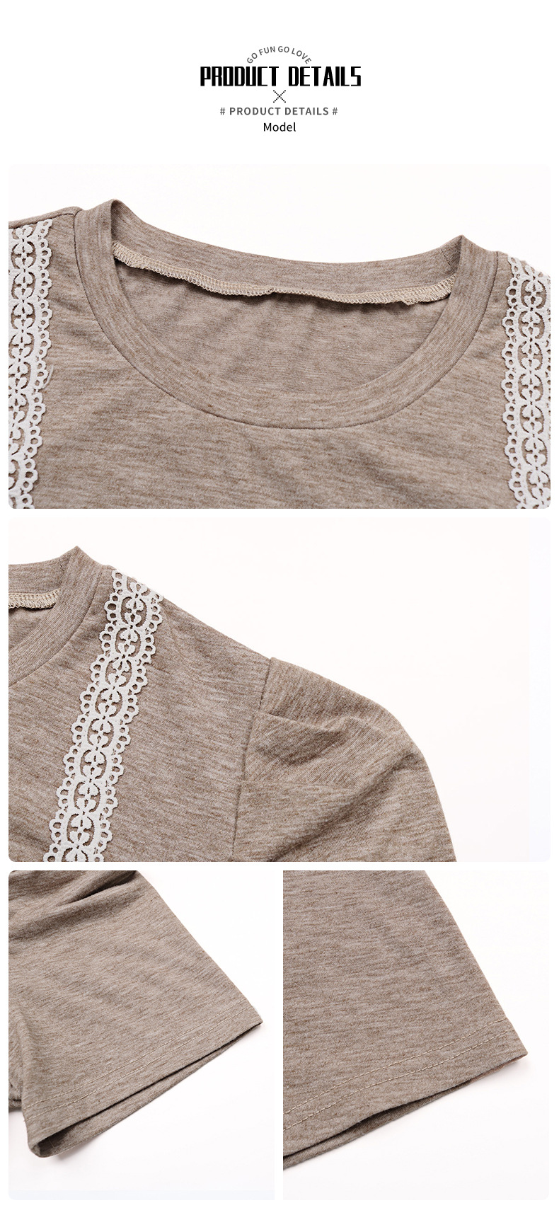 Kaki Dentelle Épissage Polyvalent Pull Décontracté Jambe De Mouton Manches T-shirt à manches courtes_voghion.com
