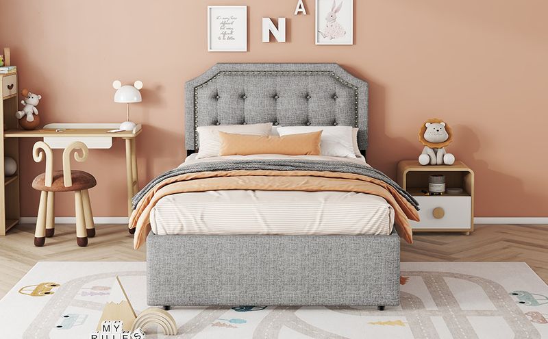 Flachbett 90x200cm, Gepolstert, Dekorative Nieten, Schubladen, Grau_voghion.com