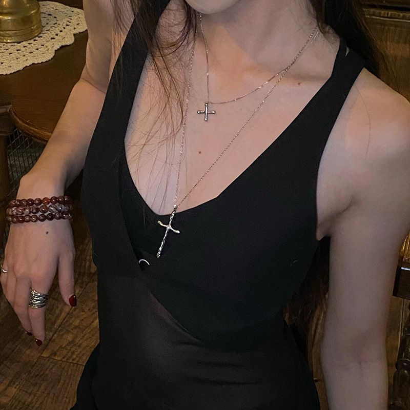 Collana con ciondolo a croce in acciaio al titanio a doppio strato, clavicola minimalista, catena di alta qualità per maglioni da donna_voghion.com