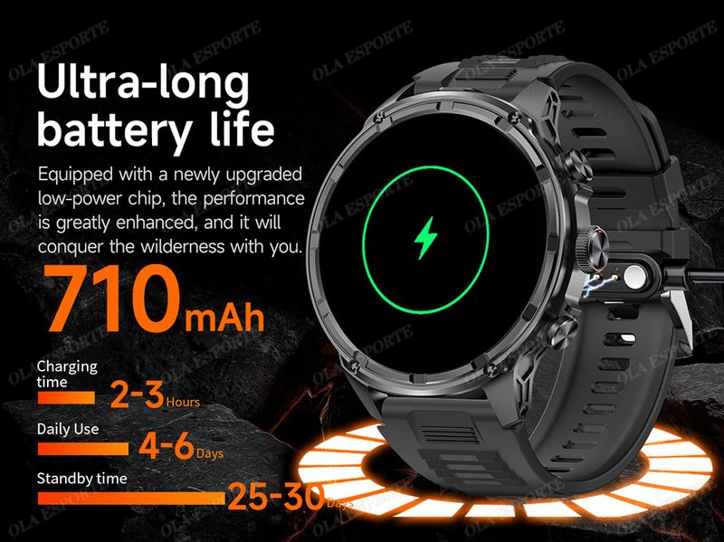 Montre connectée militaire pour hommes, 710 mAh, pour l'extérieur, GPS, boussole, fréquence cardiaque, lampe de poche LED, appels Bluetooth, sport_voghion.com