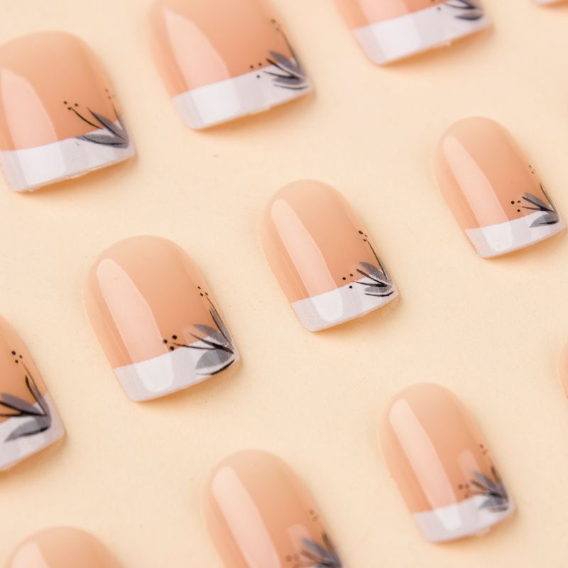 False Nails Simple High End Nail Art Ink Light Gray Flowers And Plants Short Square Nail Stickers Wearable Removable False Nails_voghion.com