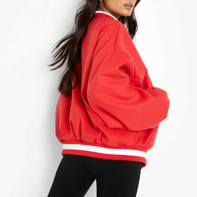 Chaqueta de béisbol engrosada de lana con letras para mujer_voghion.com