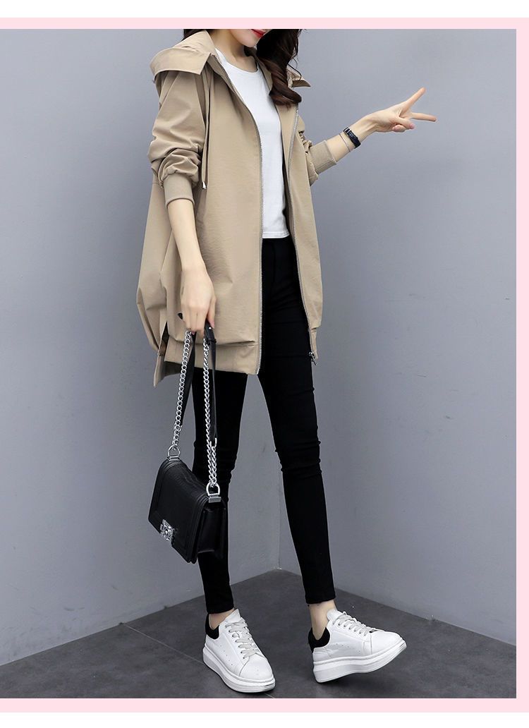 Trench oversize casual da donna con cappuccio, color cachi e nero – Giacca a vento a maniche lunghe in stile coreano con cerniera_voghion.com