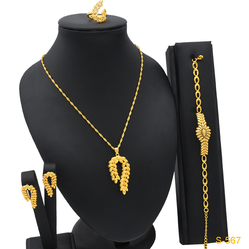 Ensemble de bijoux plaqué or avec découpe de fleurs, collier, boucles d'oreilles, bracelet, bague_voghion.com