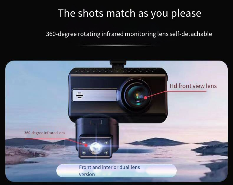 Vairavimo registratorius su didelės raiškos 1080P naktiniu matymu ir 360 laipsnių pasukamu objektyvu, skirtas dvigubam įrašymui automobilio priekyje_voghion.com