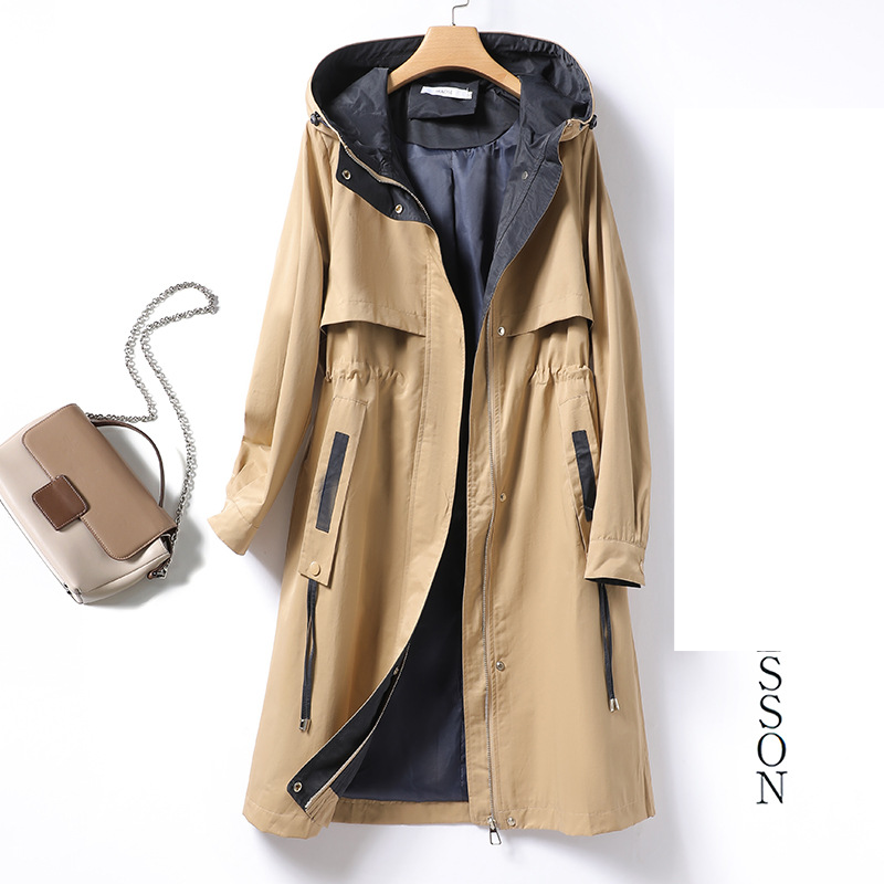 Women's Clothing Hooded color matching drawstring windbreaker women's mid-length 2023 loose workwear small casual jacket women 6555_voghion.com
