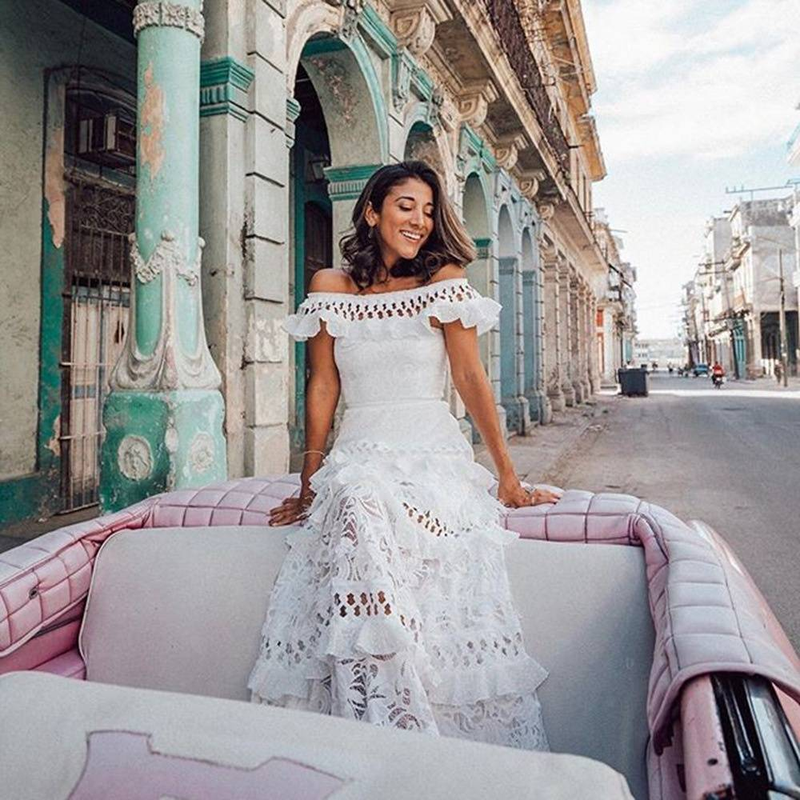 Damenbekleidung Einschultriges Rüschen Hohl Großes Swing Spitzenkleid Langer Rock_voghion.com