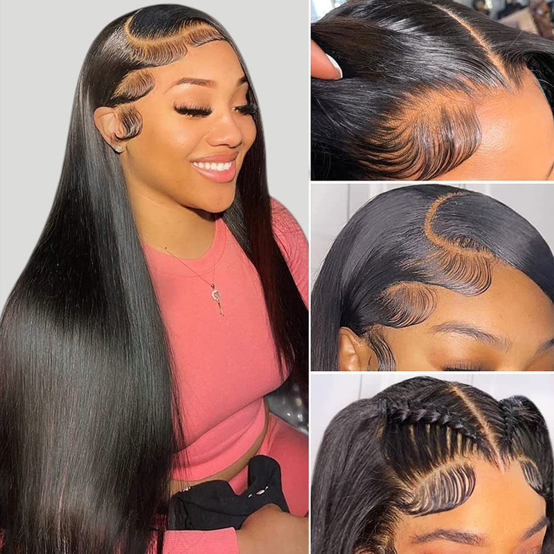 Perruque Lace Front 13×4 en cheveux humains raides – Perruque longue noire lisse de 61 cm avec raie libre, naissance des cheveux naturelle, cheveux synthétiques résistants à la chaleur pour femmes_voghion.com