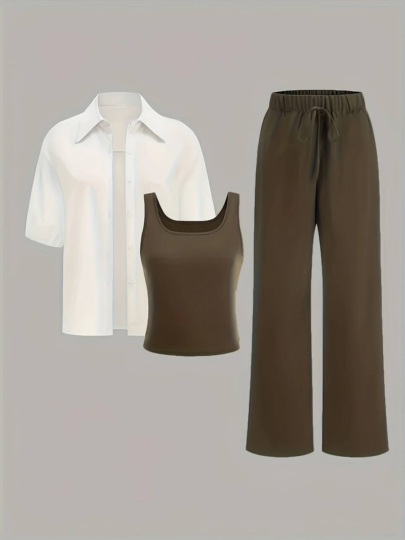 Conjunto de roupas femininas Dopamine Summer Outfit - Camisa slim, regata e calça, combinação de 3 peças | Fluido e jovial | Branco + Preto / Branco + Marrom | P-XGG_voghion.com