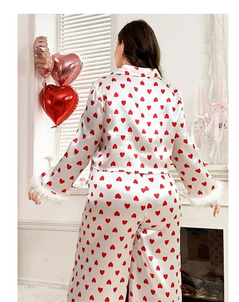 2025 Neue Damen-Übergrößen-Frühlings- und Herbst-Seidensatin-Herzdruckärmel-lange Hosen-Pama-Set Homewear_voghion.com