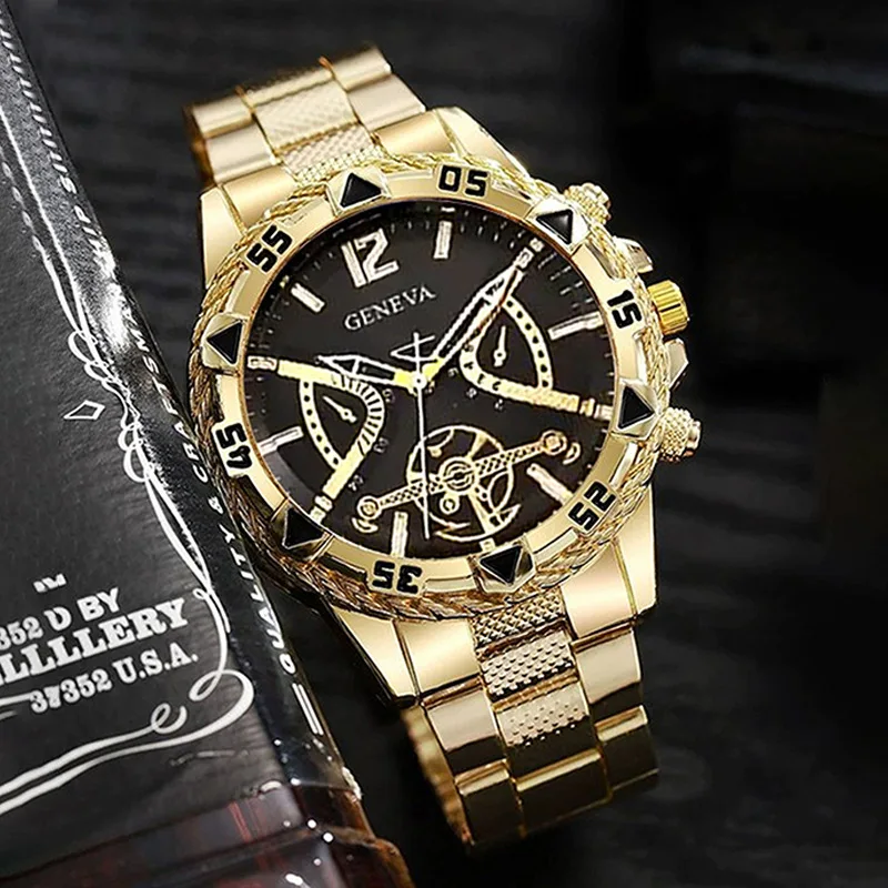 6pcs - Luxury Elite Men's Fashion Hip Hop Navigation Large Dial Alloy Case Quartz Watch Set, Suitable For Daily Wear_voghion.com