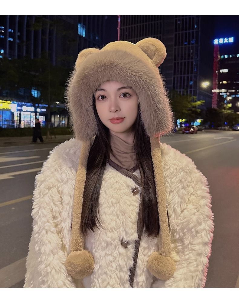 Wintermütze mit dicker und süßer Bärenmütze für Damen, warmes Radfahren, winddicht, Ohrenschutz, Plüsch-Zehenkappe_voghion.com