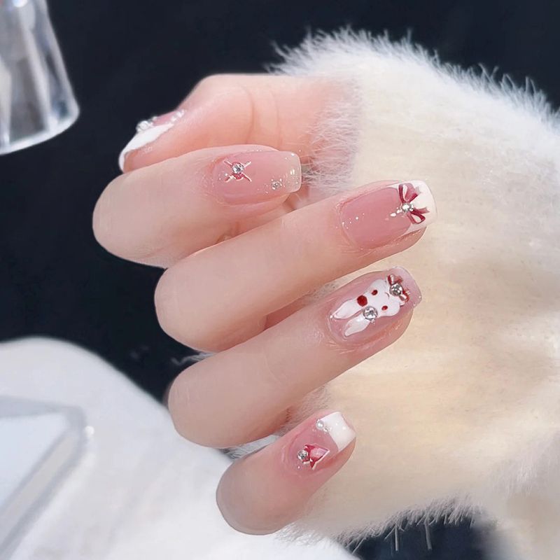 French Rabbit Bow False Enhancement Finished Wearable Nail Patch X100_voghion.com