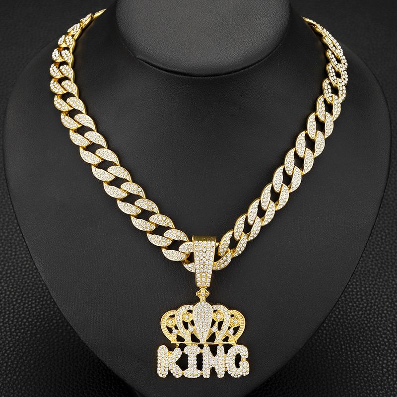 Unisex Niche Personality Hip Hop KING Letter Crown Pendant Cuban Chain Retro Letter Environmentally Friendly Alloy Jewelry Necklace_voghion.com