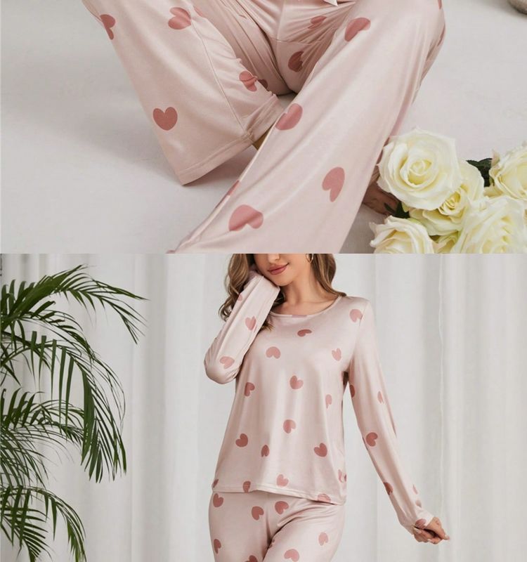 Kadınlar İçin Pijama, Sevimli Kalp Desenli, Uzun Kollu Pantolon Ev Giyim Takımı_voghion.com