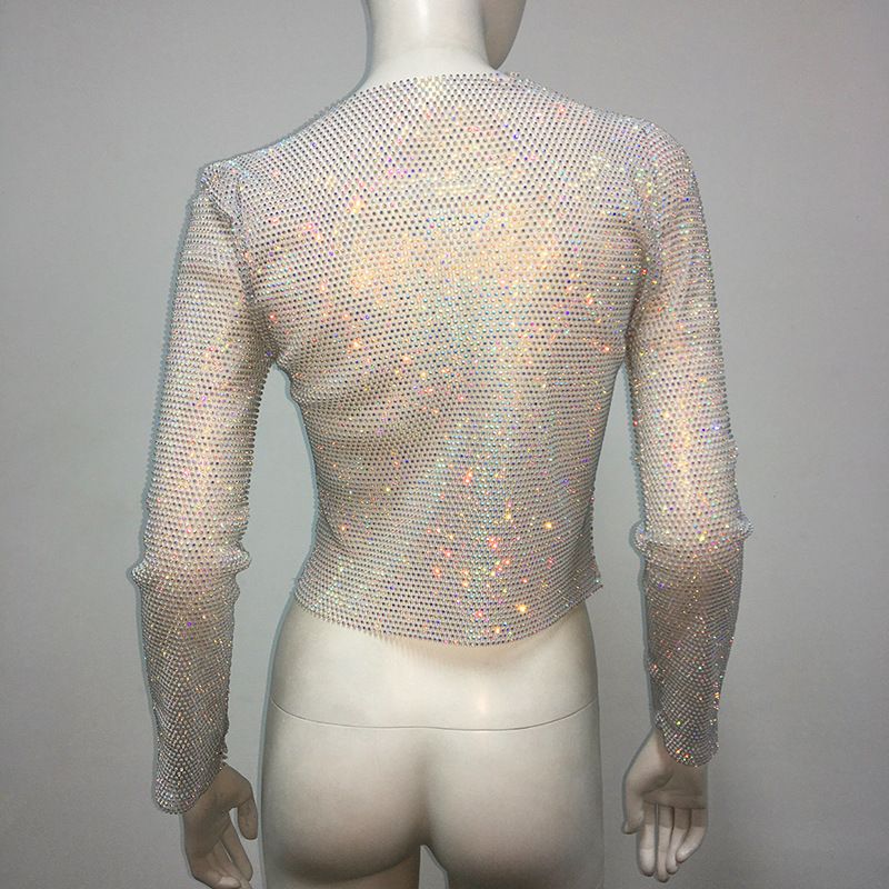 Maglietta da pesca con strass, a maniche lunghe, girocollo, leggera e di lusso, da donna, con look scintillante, alla moda e di tendenza._voghion.com