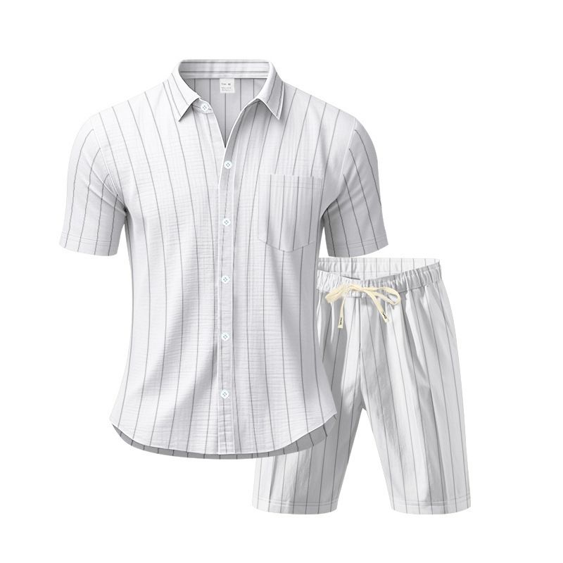 Completo da uomo con camicia a maniche corte a righe in lino e pantaloncini casual - Completo estivo traspirante per spiaggia e viaggi. Set da uomo_voghion.com