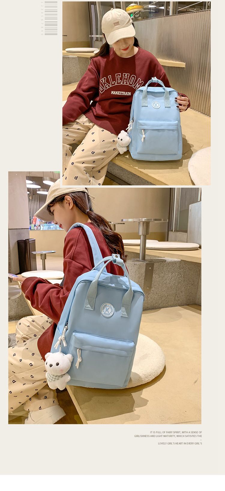 Women's Bags style girl backpack version of middle school student backpack large capacity solid color nylon personality backpack_voghion.com