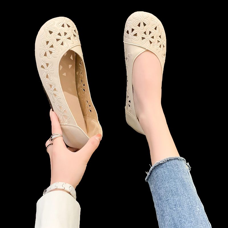 2024 Sommer neue Retro-hohle Wer Mutter Frauen mittleren Alters und ältere flache bequeme flache Mund Bohnenschuhe_voghion.com