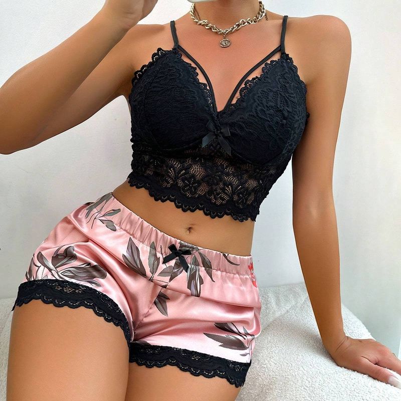 Damen-Pyjama-Set, zweiteiliges Set mit Sling-Weste und Shorts, rückenfreier, ärmelloser Spitzen-Schlafanzug mit tiefem V-Ausschnitt, transparenter Stoff_voghion.com
