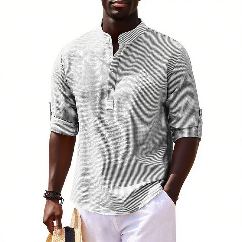 Men's Long Sleeved Stand Up Collar Plaid Shirt Solid Color Casual Bottoming Shirt Top_voghion.com