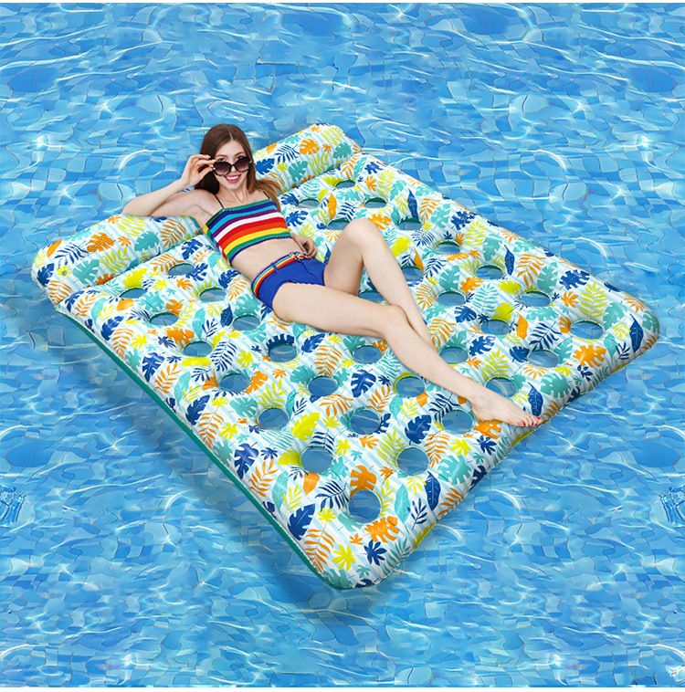 Eco-Friendly Inflatable Floating Mat - Thickened PVC With Leaf Perforations & Detachable Pillow (Breathable Design For Water Sports Pool Lounge Bed)_voghion.com