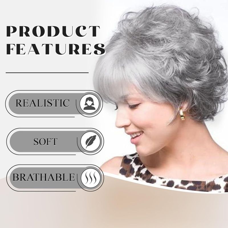 Parrucche sintetiche da donna con clip, in fibra chimica, in seta ad alta temperatura, con capelli corti e ricci grigio argento_voghion.com