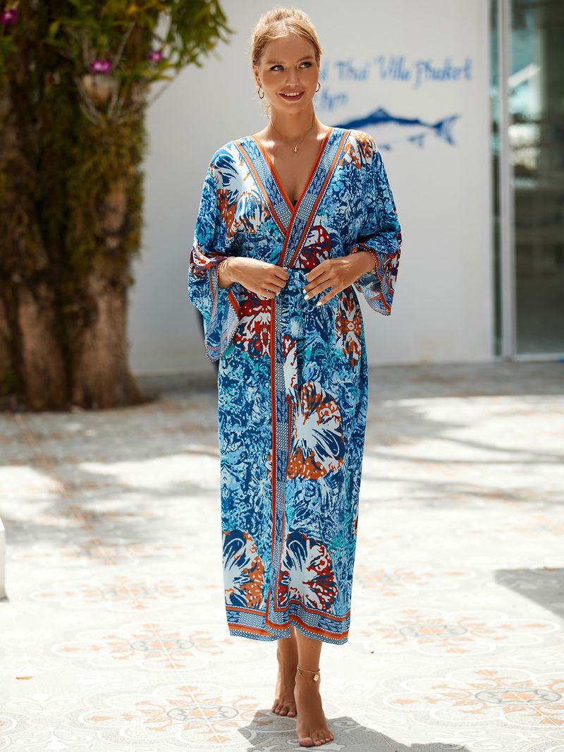 Women's Beach cover-up rayon positioning printed cardigan holiday sun protection shirt _voghion.com