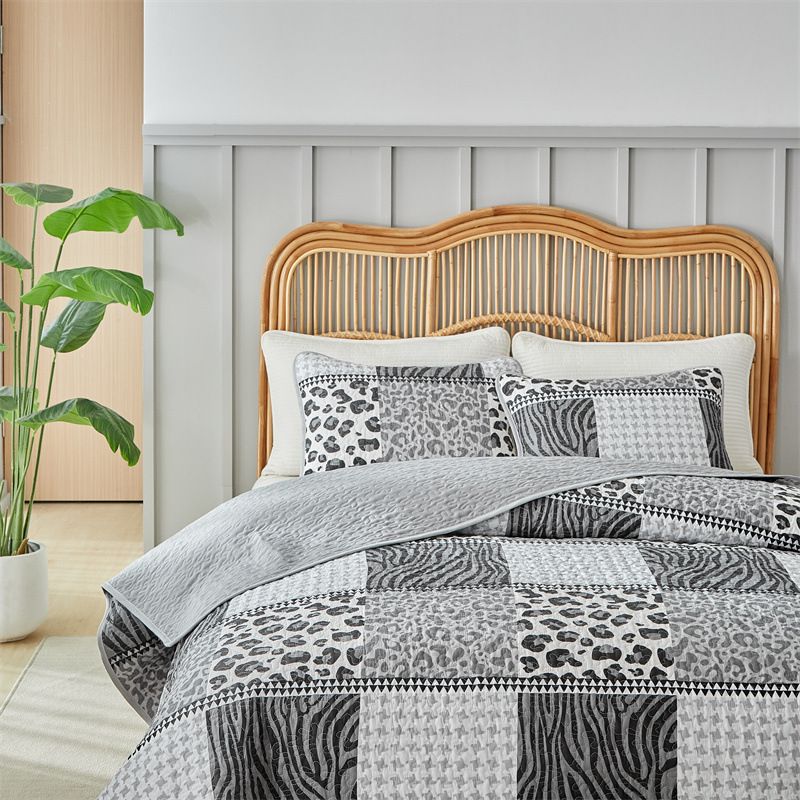 Copriletto a righe e stampa leopardata - Copripiumino grigio chiaro 3 pezzi (certificato OEKO-TEX®, motivo geometrico astratto) per camere da letto moderne e bohémien._voghion.com