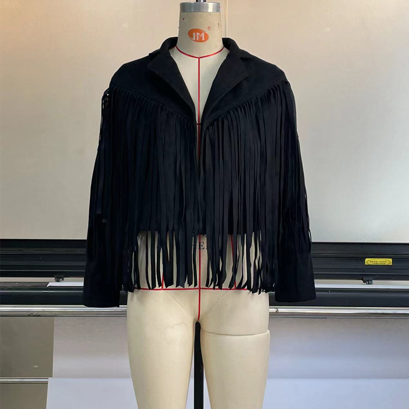 Veste en cuir suédé pour femme, élégante, col rabattu, pompon, manteau court pour femme, automne-hiver, nouveauté SU2674_voghion.com
