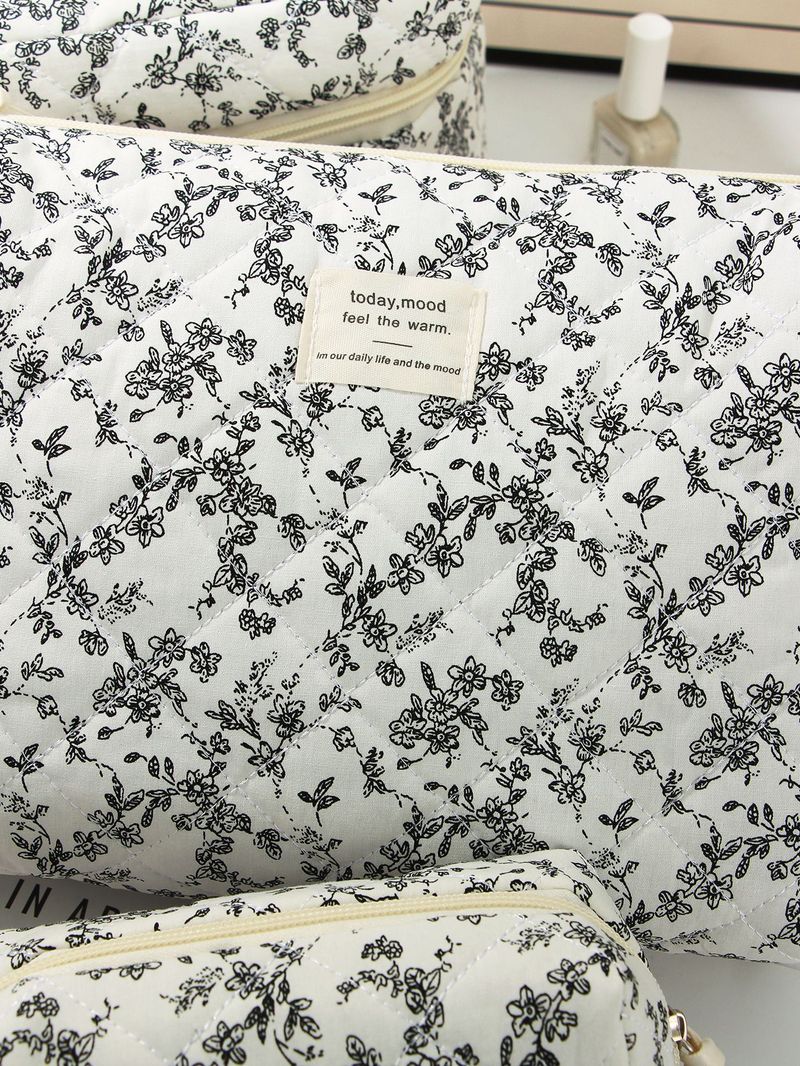 Borsa cosmetica floreale in bianco e nero, grande capacità, semplice borsa da toilette in stile Ins_voghion.com
