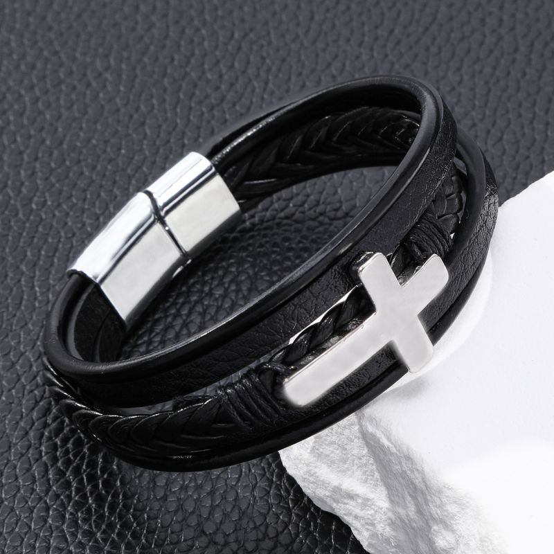 Leren Street Fashion Armband Legering Laser Meerlaags Geweven Kruisvormige Bangle_voghion.com