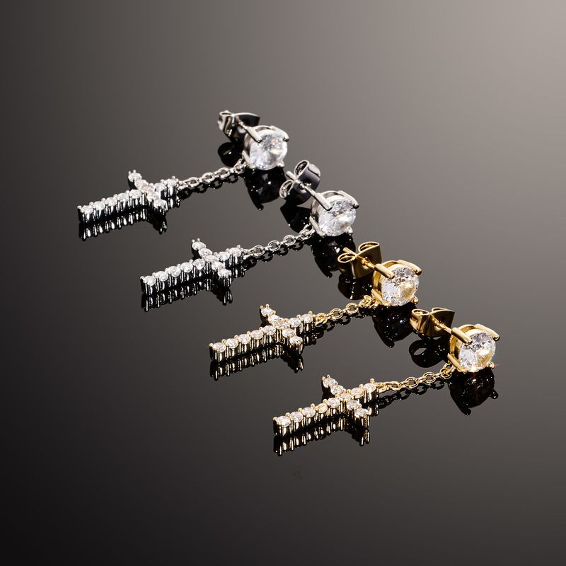 FOUR CLAW - Diamant-Kreuz-Ohrringe mit langer Kette (Hip-Hop-Luxusschmuck, Unisex-Trend, Verkaufsschlager)_voghion.com