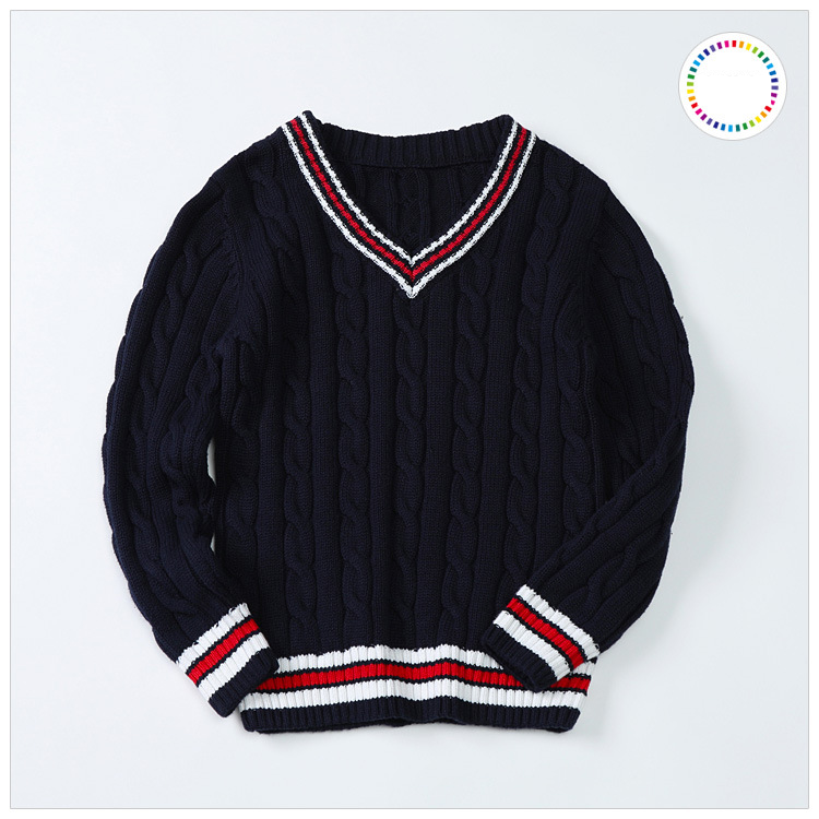Otoño suéter para niños hilo de algodón ropa de clase Preppy prendas de punto con cuello en V para niños y niñas estudiantes_voghion.com