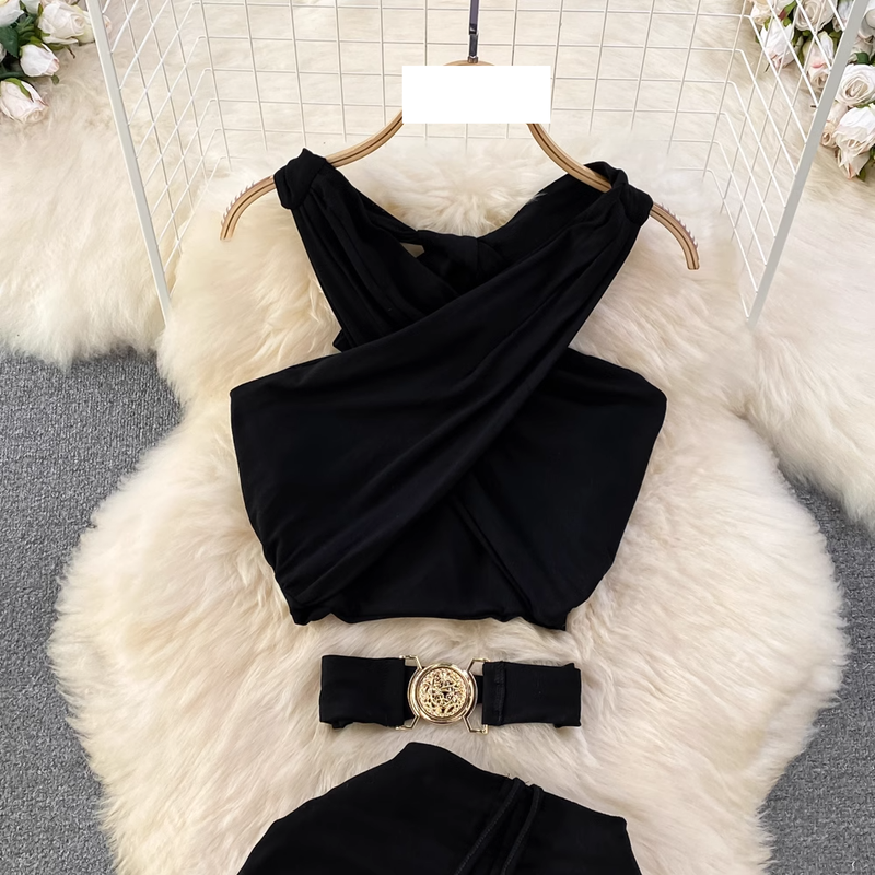 Set de două piese sexy pentru femei, vestă scurtă plisată, cu decolteu în V, costum slim fit, fustă la șold_voghion.com