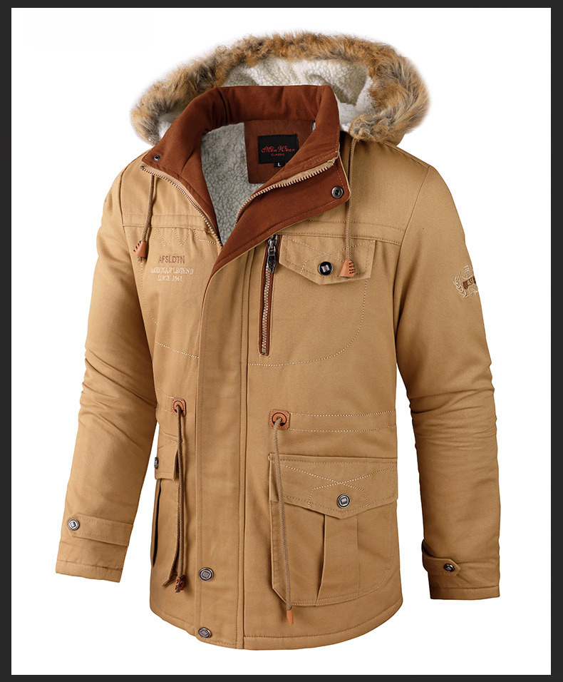 Jaqueta masculina com forro de lã e capuz - Casaco de inverno de comprimento médio, enchimento de poliéster quente, agasalho casual estiloso para homens (verde-exército, preto)_voghion.com