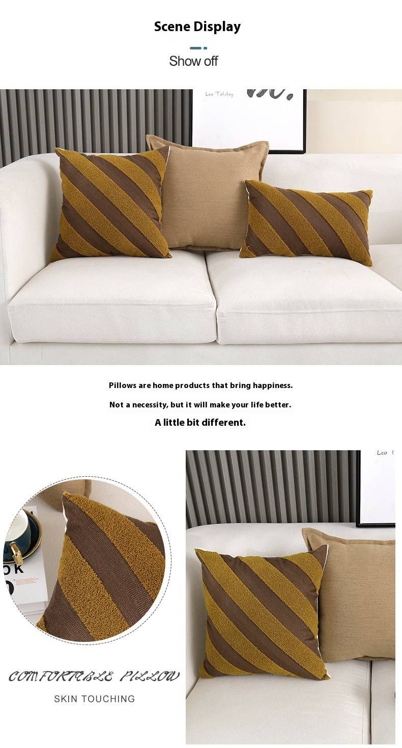Striped Embroidered Pillow Cover - Modern Polycotton Cushion Case For Sofa, Bed, Office (45x45cm/30x50cm, No Insert, Minimalist Design)_voghion.com