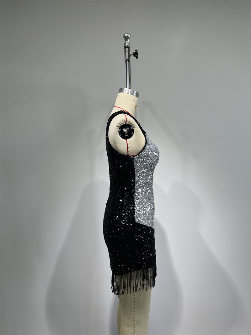 Robe de soirée moulante élégante à épaules dénudées et franges en sequins pour femme - Robe de soirée glamour et ajustée à taille haute_voghion.com