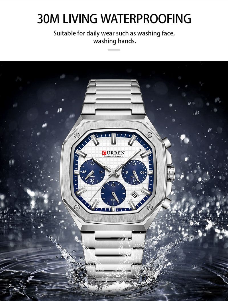 CURREN Orologio cronografo da uomo in acciaio inossidabile con quadrante quadrato e data, design di ispirazione vintage, al quarzo_voghion.com