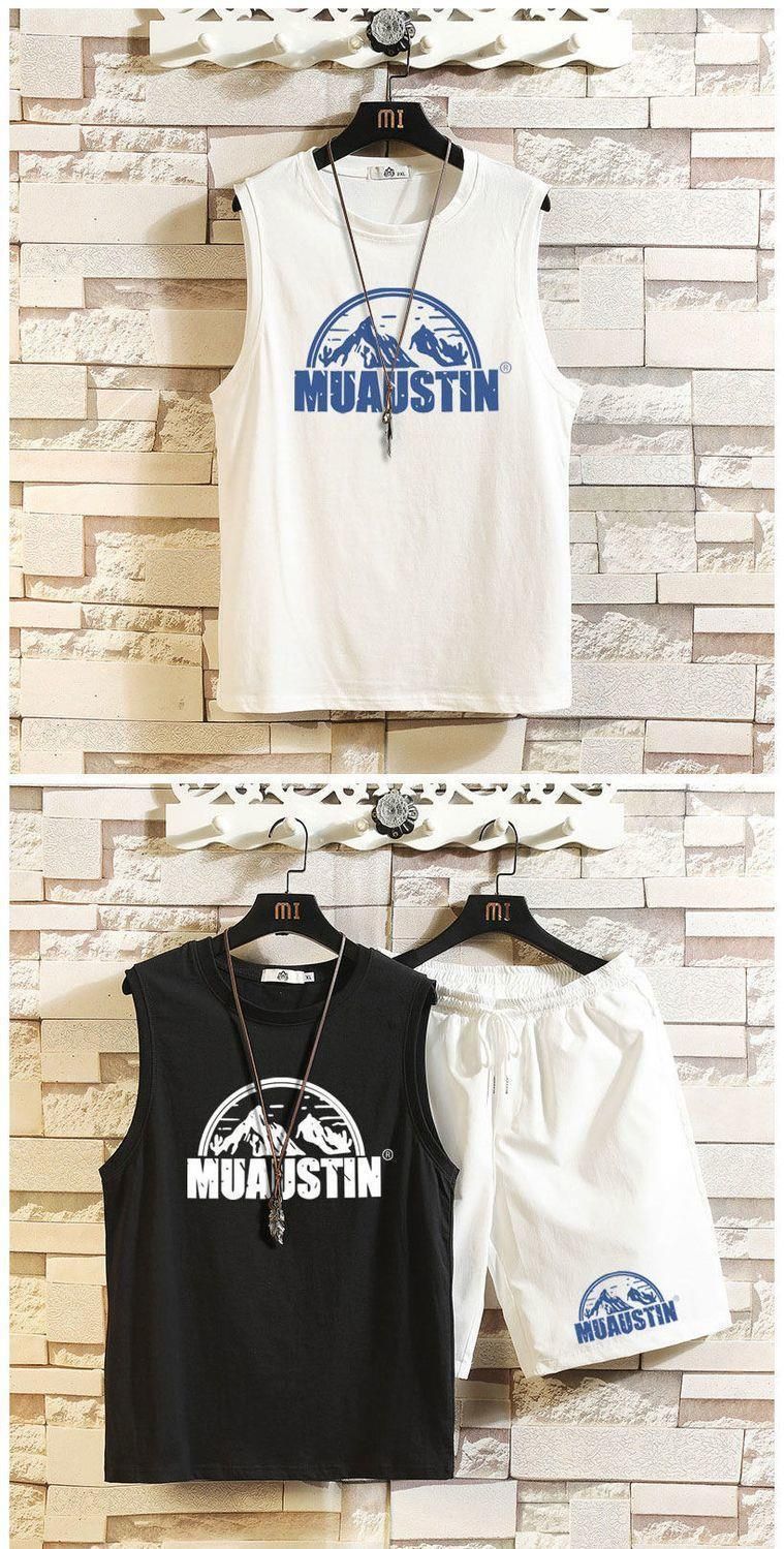 Top/Set Snow Mountain Printed Sleeveless Tank Top Set Men's T-shirt Summer Large Size 5/4 Shorts Casual Two Piece 12_voghion.com