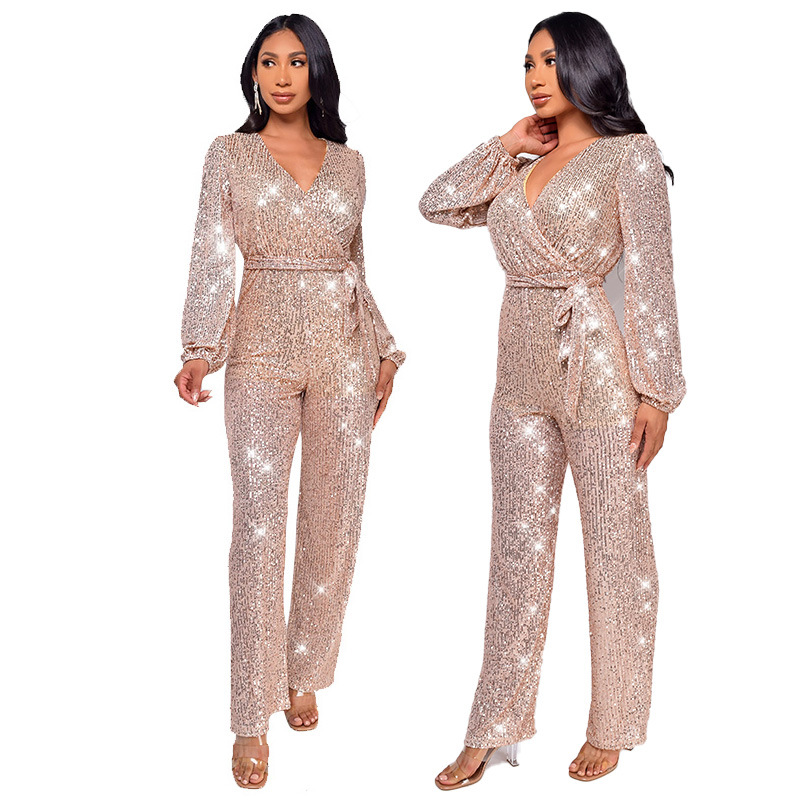 Damkläder Ins Style Deep V Mode Casual Jumpsuit Långärmat Bälte Paljett Jumpsuit Dam_voghion.com