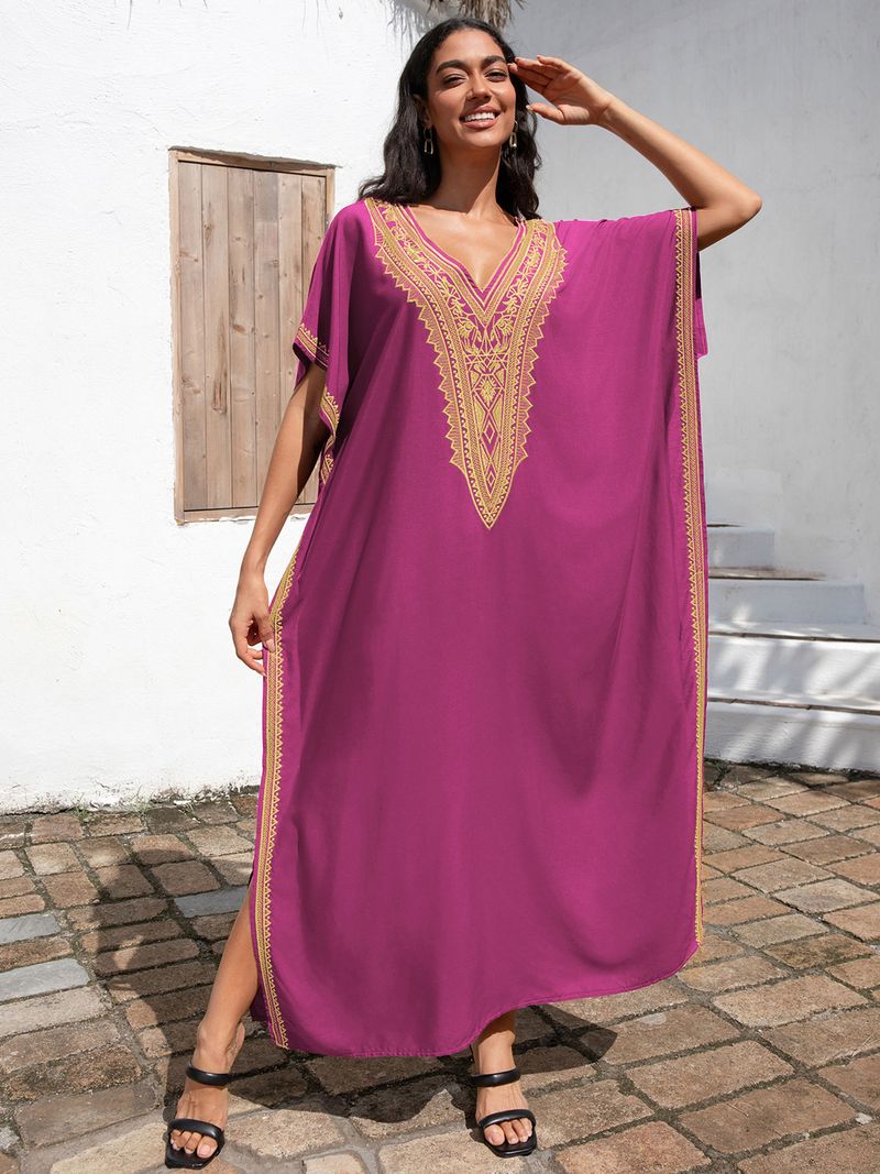 Copricostume da spiaggia da donna, in cotone, con ricami dorati, per le feste_voghion.com