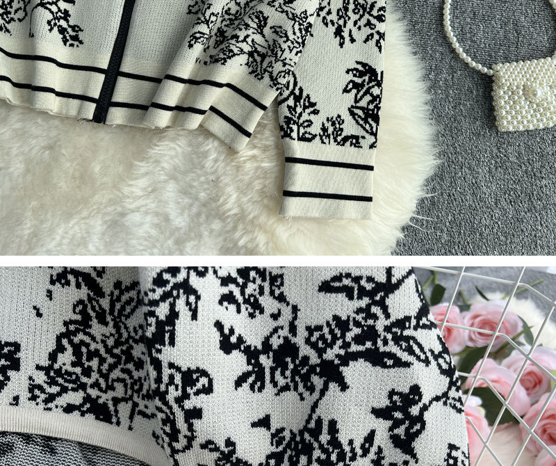 Sweat-shirt tricoté à capuche et fermeture éclair en jacquard pour femmes, ensemble deux pièces, taille haute, pantalon à jambes larges_voghion.com