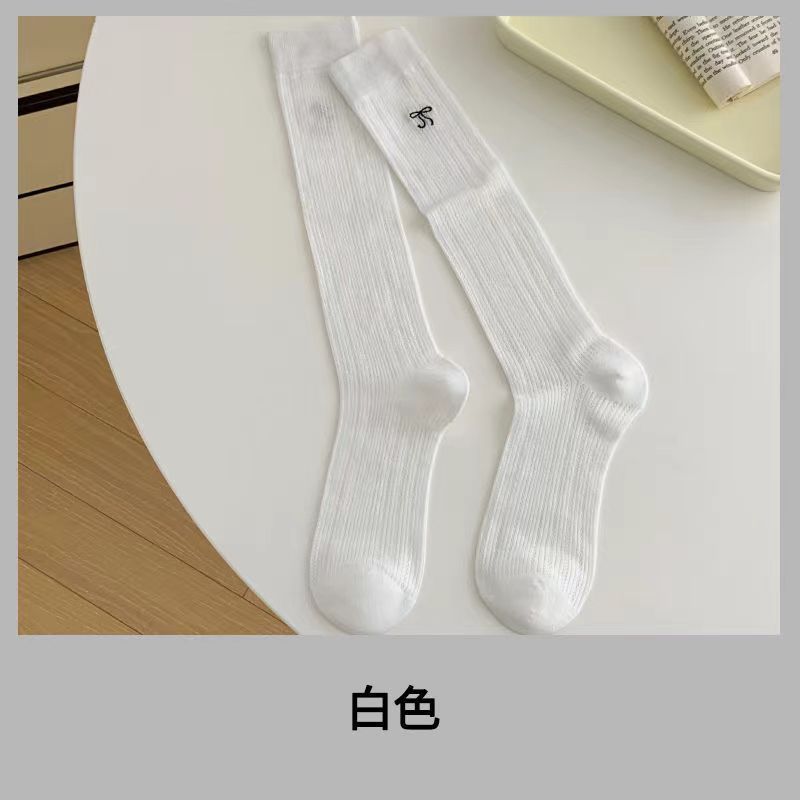 Ballet Women's Calf Thin Korean Style Mesh Breathable Embroidered Bow Summer Mid-Length Socks_voghion.com