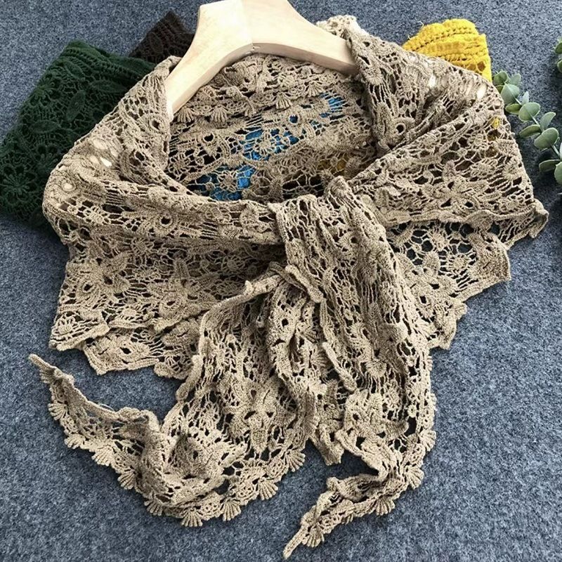 Pure Cotton Neck Warmer Lace Hollow Triangle Scarf Crochet Shawl Summer Wear With Camisole Dress For Women_voghion.com