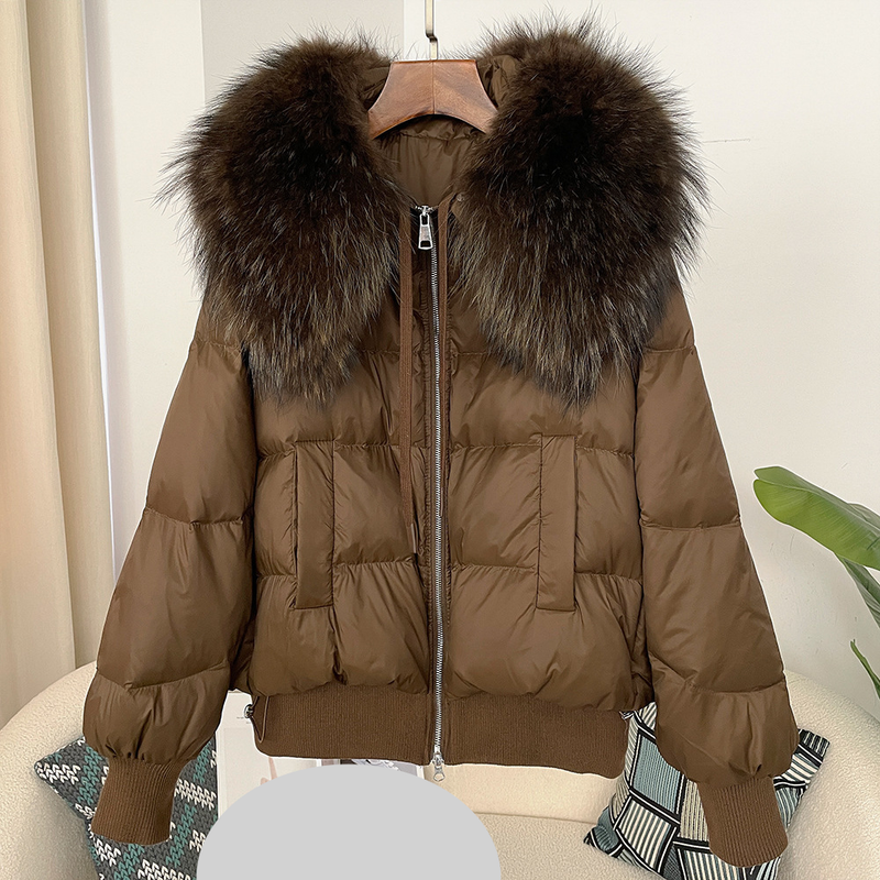 Dameskleding Oversized wasbeerbontkraag Winter Dames korte verdikte witte eendendonsjas platte jas jas_voghion.com