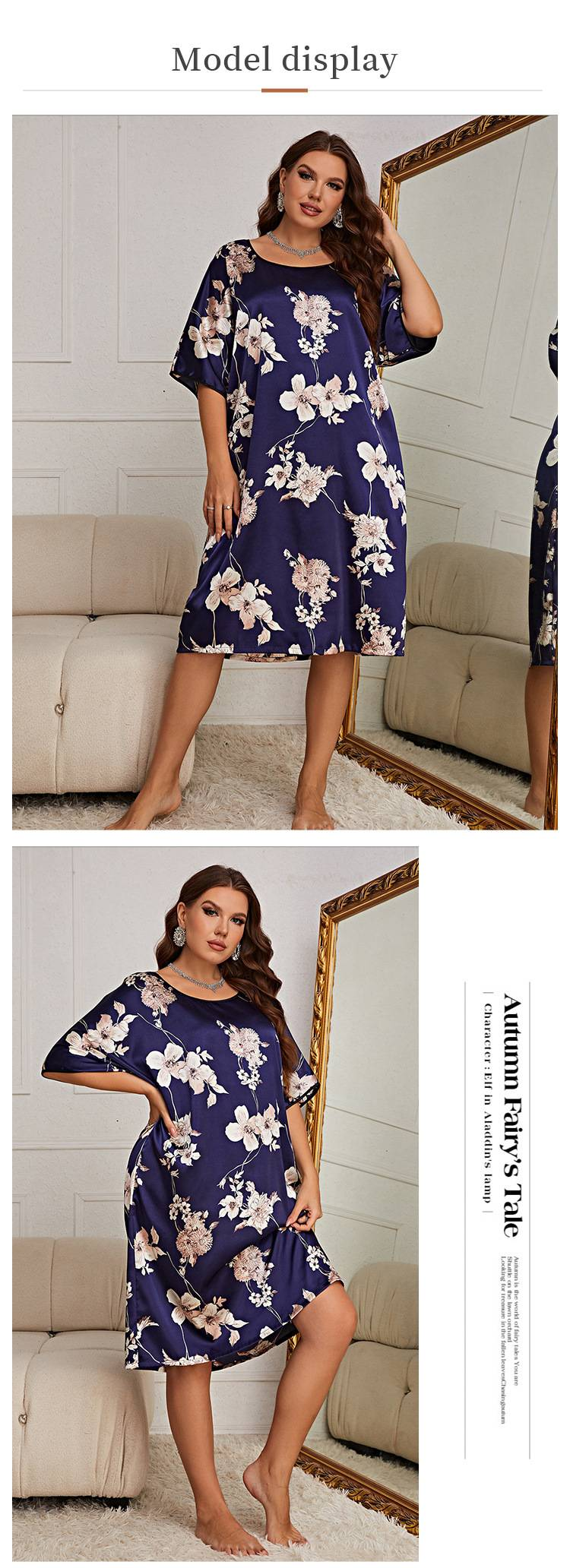 Piżamy damskie plus-size, średniej lub długiej długości, wzorzysta sukienka typu pullover. To nowy styl odzieży domowej na lato, jedwabna i lodowa jedwabna koszula nocna._voghion.com