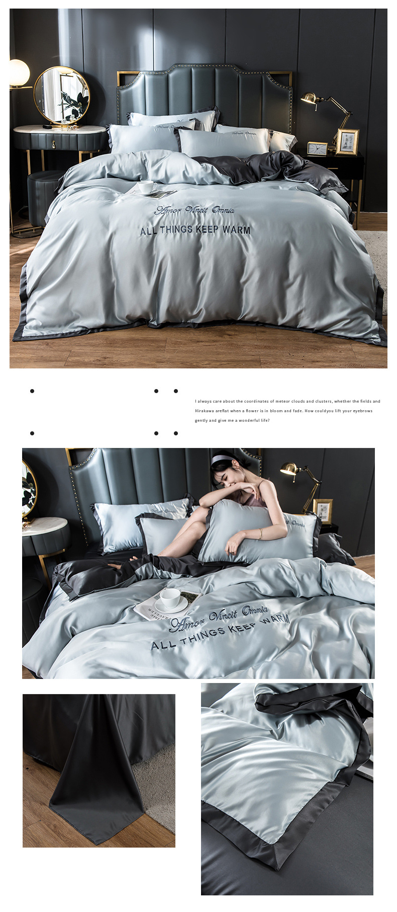 Capa de edredom bordada de quatro peças em seda gelada para primavera e verão, cor sólida, lençol simples, roupa de cama de seda nua para dormir_voghion.com