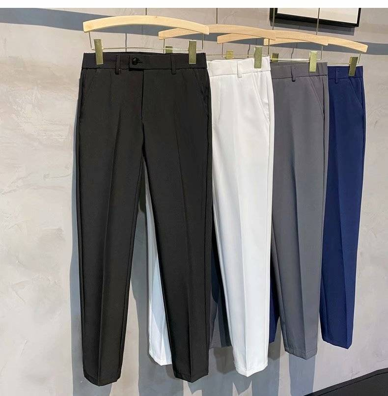 Summer Men's Solid Color Nine-inch Dress Pants, British No-iron Slimming Skinny Pants, Double-sided Elastic Waist Casual Pants_voghion.com